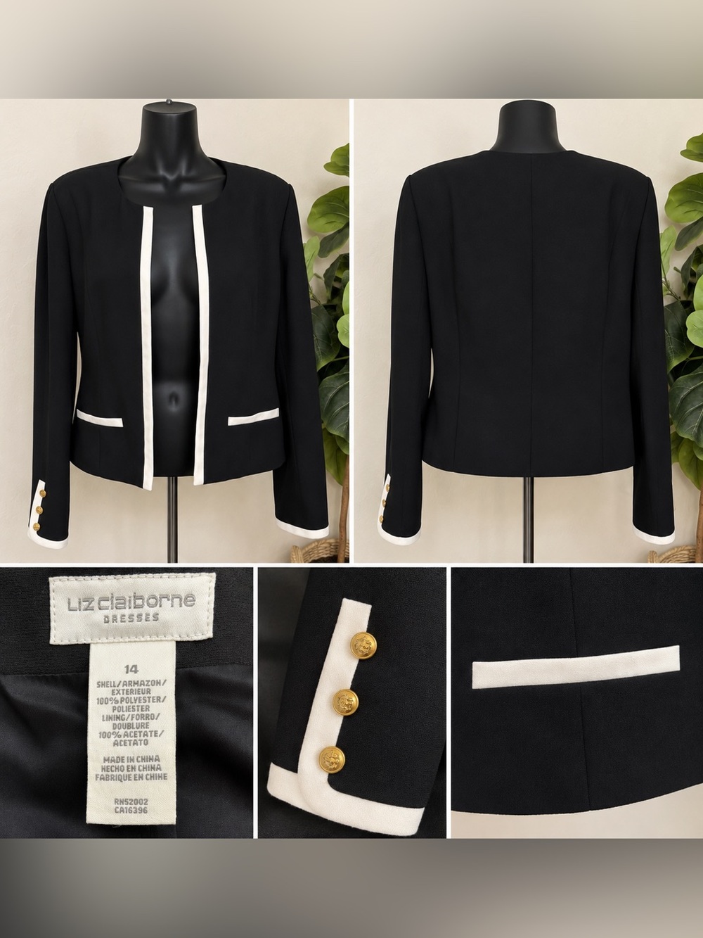 Liz Claiborne Black Jacket with White Contrast Trim